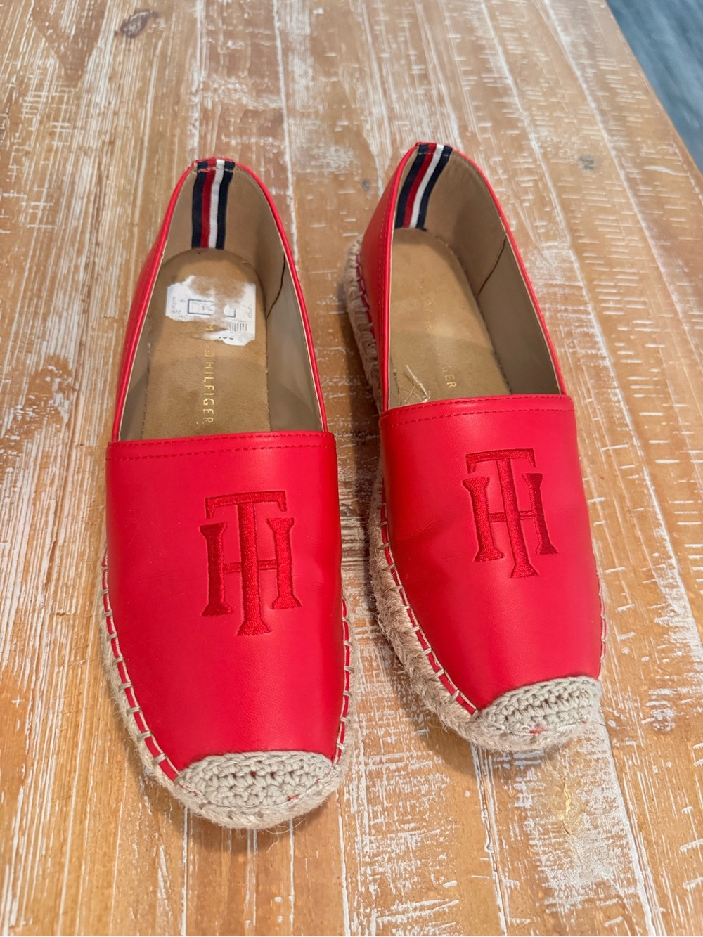Tommy Hilfiger Red Leather Espadrille Slip-Ons with Embroidered TH Logo Size W8